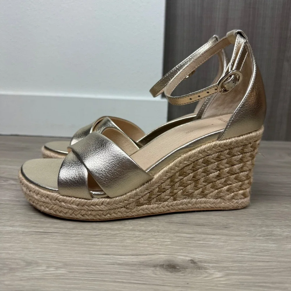 NEW FRANKIE4 Gold Tumbled Baker Wedge Heel Espadrille Leather Comfort Size 7